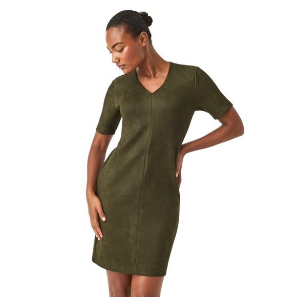 SPANX Faux Suede Column‎ Dress Utility Green Size M Short Sleeve Mini Work Party - Picture 1 of 7